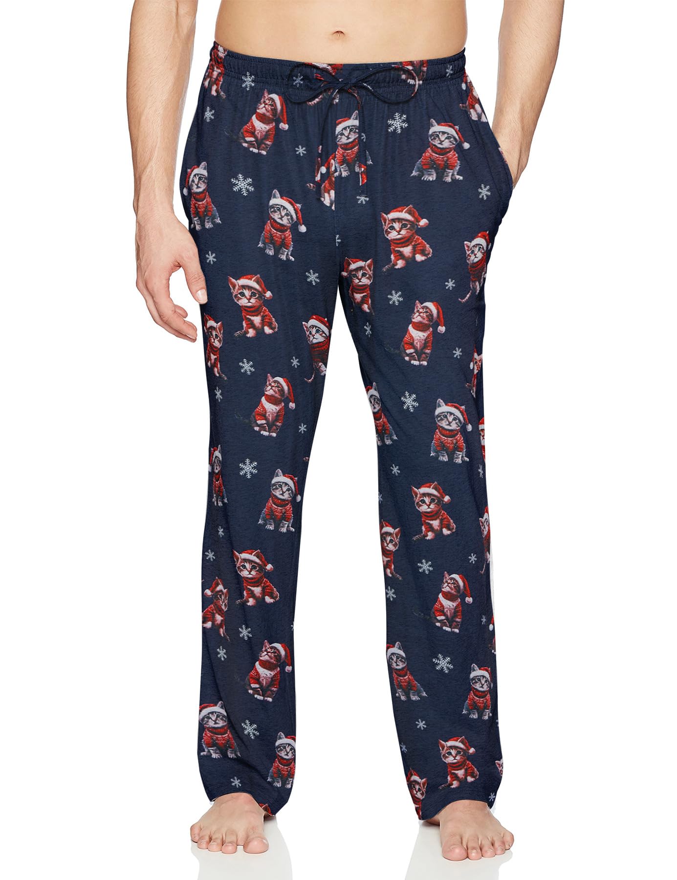 Men's Christmas cat print lounge pants featuring festive graphics and relaxed full-length fit for holiday lounging.