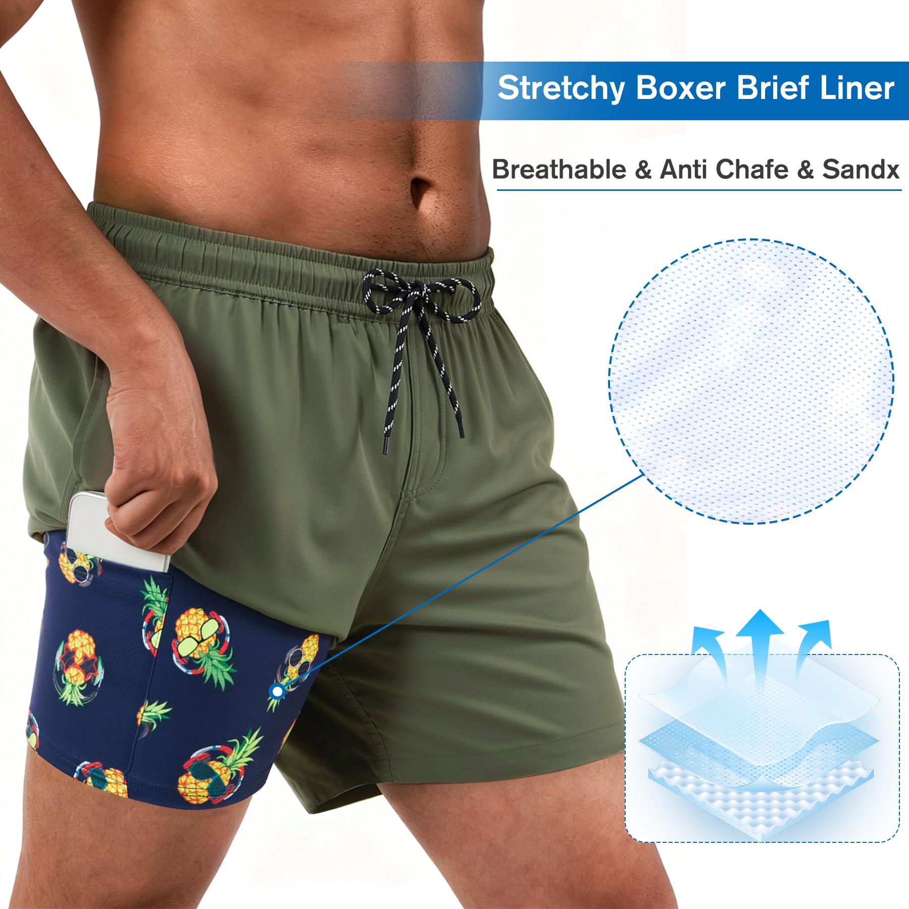 Close up view of men's swim trunks with supportive compression inner liner