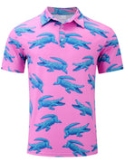 Men's crocodile print polo shirt with stretch fabric and button collar, unique casual shirt for everyday wear.