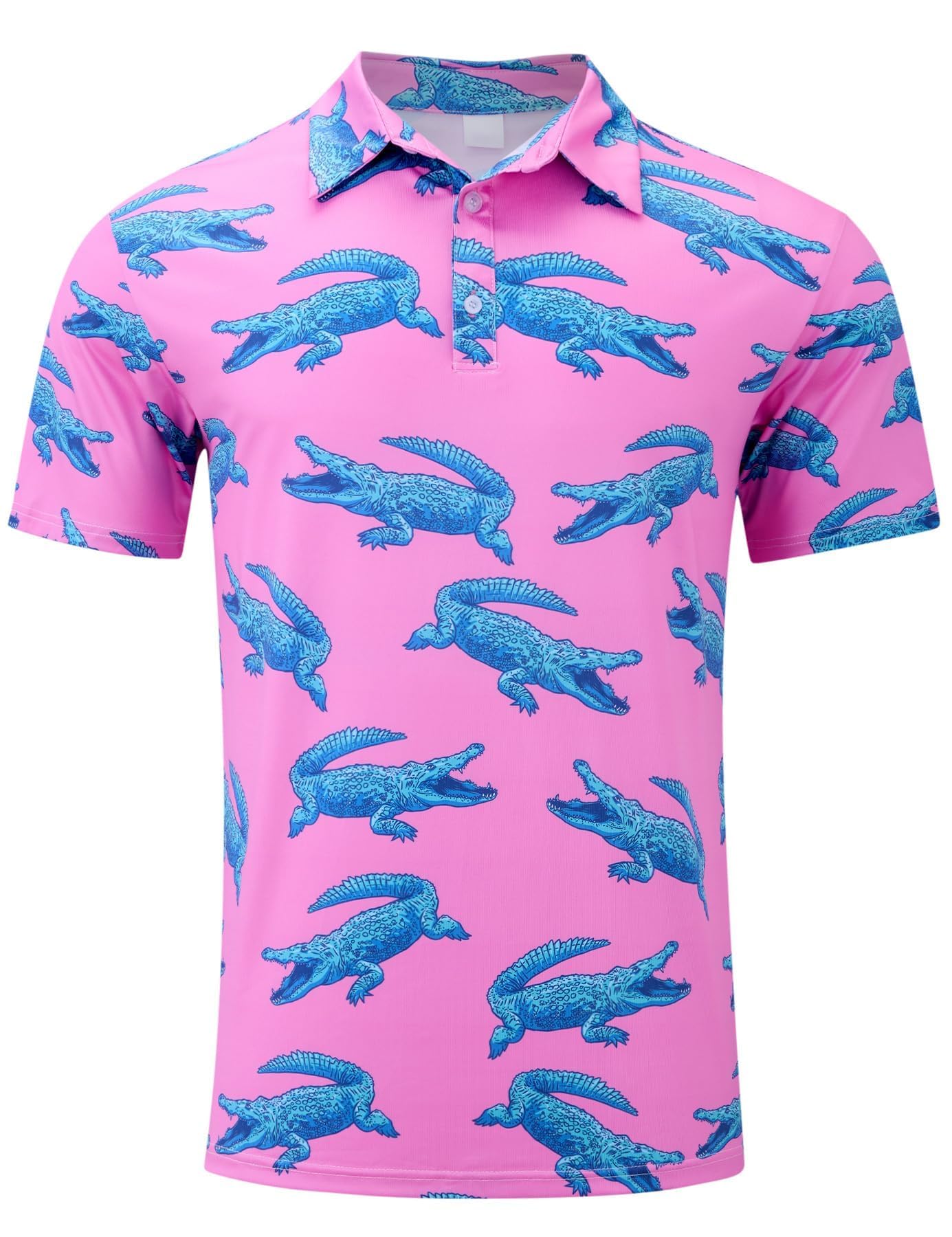 Men's crocodile print polo shirt with stretch fabric and button collar, unique casual shirt for everyday wear.