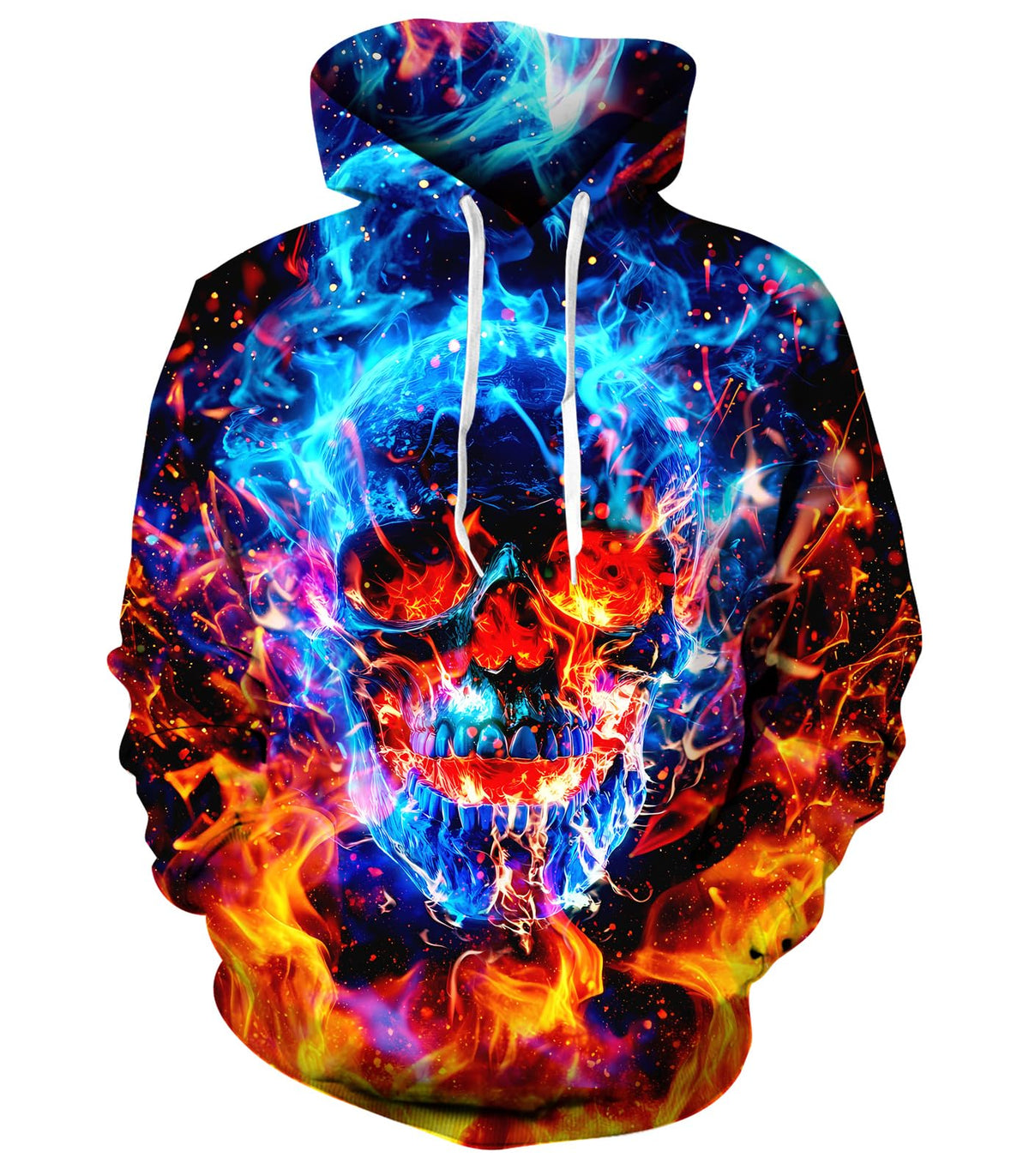 Men's Galaxy Skull hoodie with vivid blue, orange and cosmic graphic print, designed for colorful streetwear and Halloween looks.