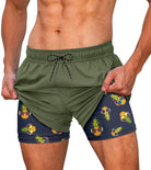Men's green swim trunks with built-in compression liner and tropical inner shorts