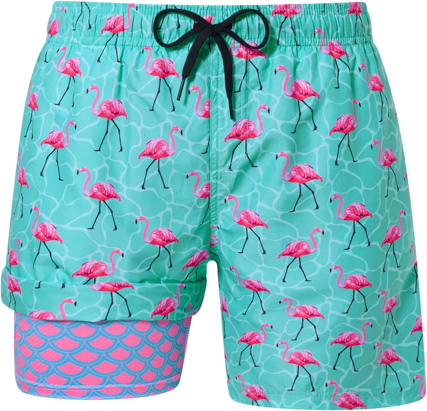 Men's green flamingo 2-in-1 swim trunks with drawstring waist and patterned compression liner for beach, pool and summer wear.