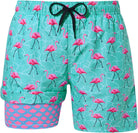 Men's green flamingo 2-in-1 swim trunks with drawstring waist and patterned compression liner for beach, pool and summer wear.