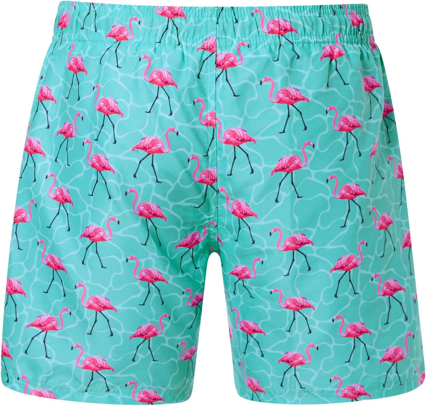 Back view of men's green flamingo swim trunks showing the all-over print, elastic waistband and relaxed outer short design.
