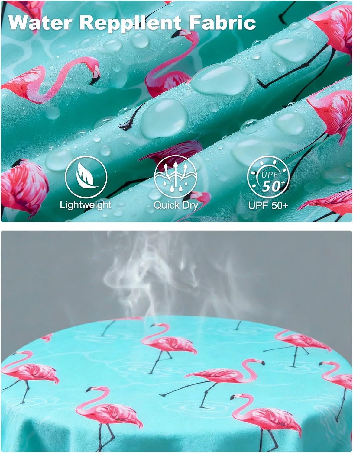 Close-up of green flamingo swim trunk fabric showing the printed surface and water-resistant quick-dry material detail.