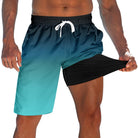 Men's green gradient 2-in-1 swim trunks with built-in black compression liner and adjustable waist for swimming and outdoor activities.