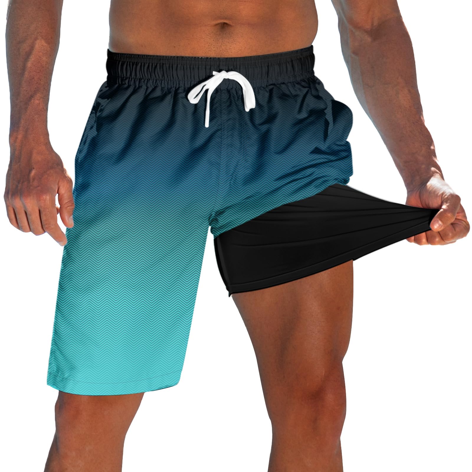 Men's green gradient 2-in-1 swim trunks with built-in black compression liner and adjustable waist for swimming and outdoor activities.