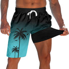 Men's green palm tree 2-in-1 swim trunks with drawstring waist and black compression liner, designed for beach, pool and summer wear.