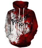 Men's grunge bloody print hoodie with distressed red and dark graphic details, designed for horror-inspired casual and Halloween wear.