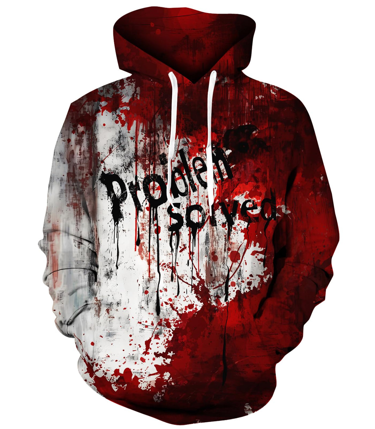 Men's grunge bloody print hoodie with distressed red and dark graphic details, designed for horror-inspired casual and Halloween wear.
