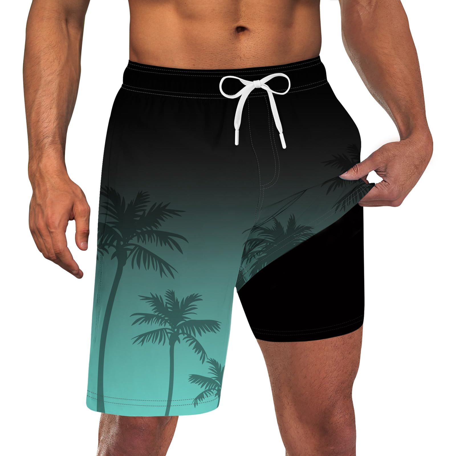 Men's mint gradient palm tree swim trunks with black compression liner and drawstring waistband for beach, pool and vacation wear.