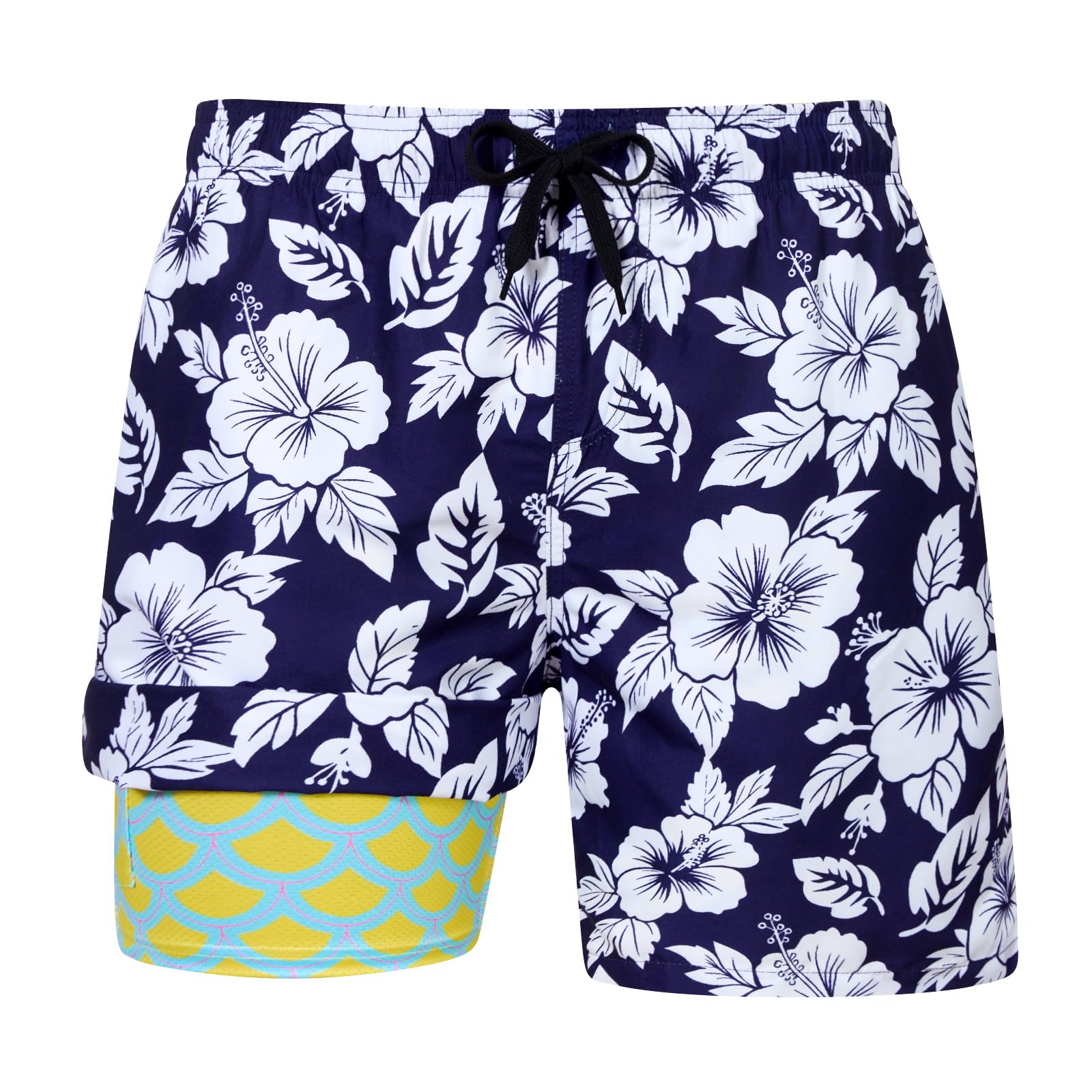 Men's navy hibiscus print swim trunks with tropical floral design and built-in compression liner for beach and vacation wear.