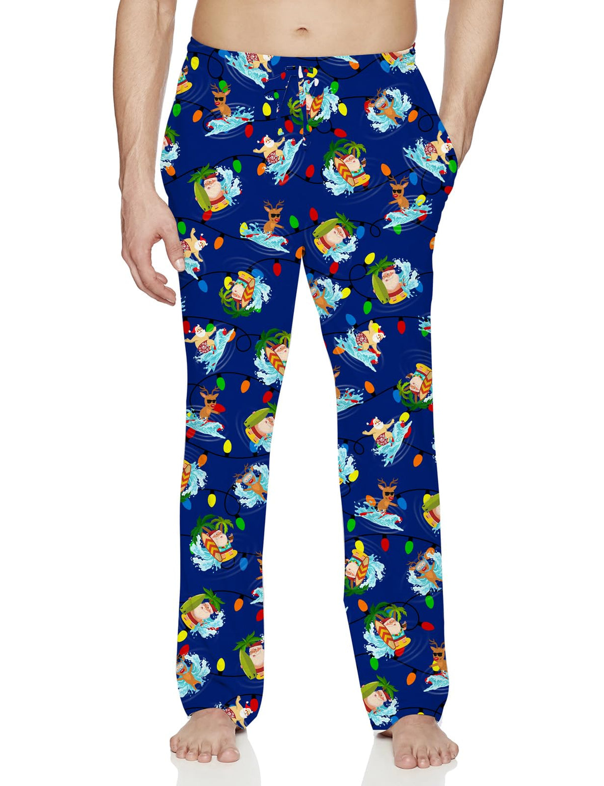 Men's navy Santa Claus print pajama pants with colorful Christmas graphics and relaxed full-length design for holiday sleepwear and lounging.