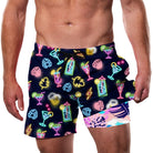 men's black neon cocktail print swim trunks with colorful tropical drink graphics and contrast compression liner
