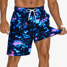 Men's neon print 2-in-1 swim trunks with colorful abstract pattern, compression liner and drawstring waist for summer water activities.