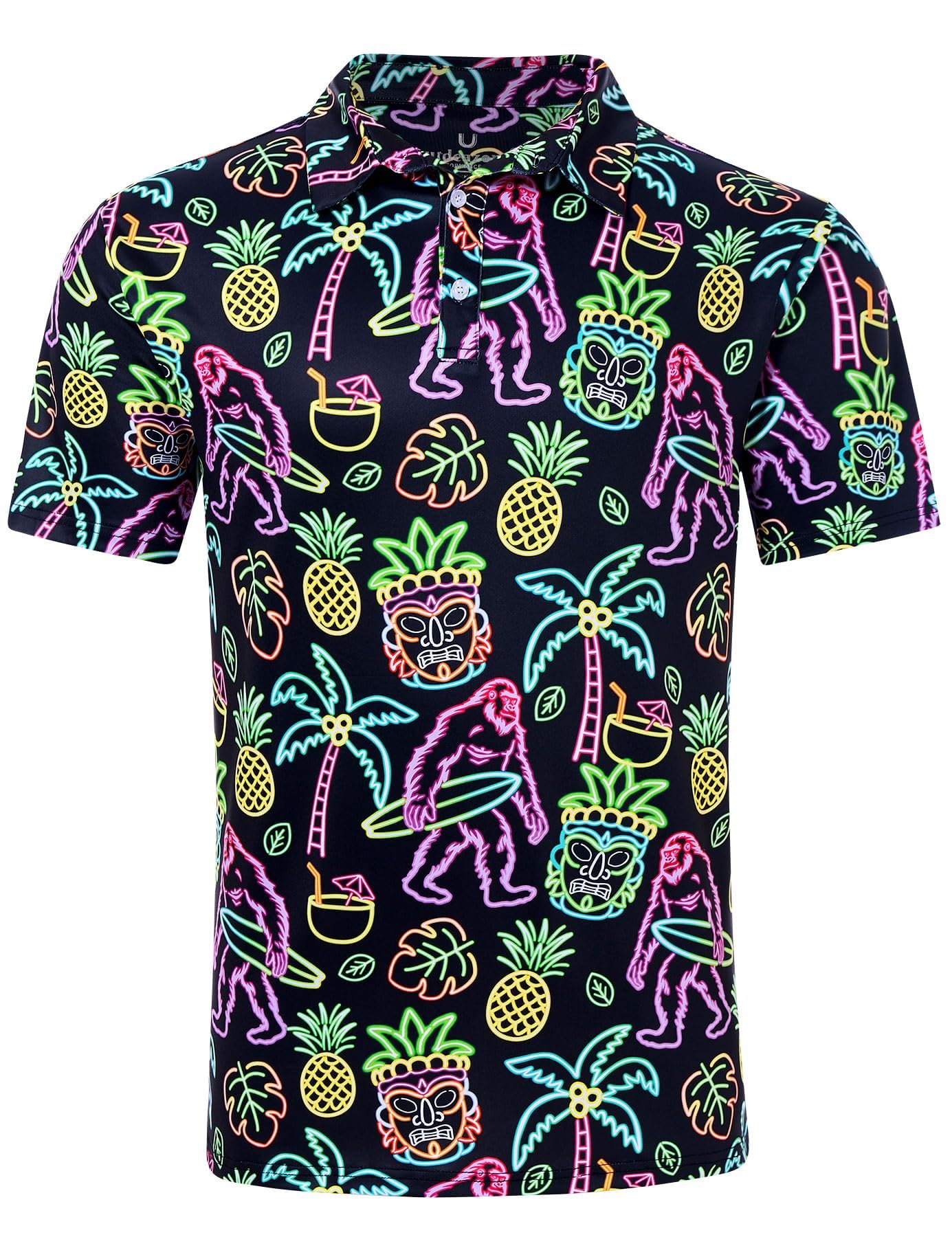Men's neon printed polo shirt with colorful pattern and short sleeves, stylish casual shirt for summer wear.