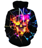 Men's black hoodie with colorful neon skull graphic, long sleeves and bold 3D print for Halloween parties and casual street style.