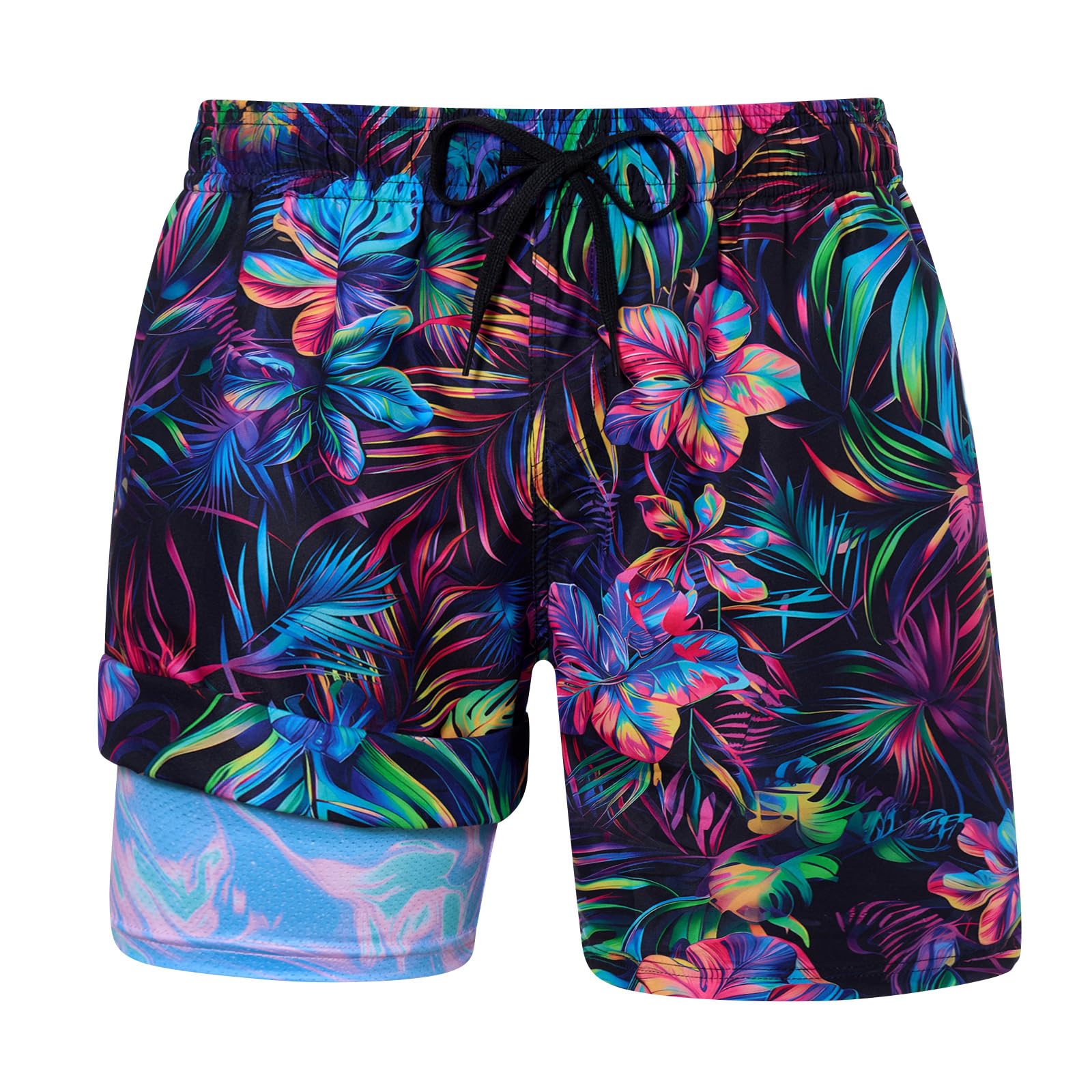 Men's neon tropical print swim trunks with colorful foliage design, compression liner and drawstring waist for summer activities.