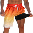 Men's orange gradient 2-in-1 swim trunks with black compression liner and drawstring waist, designed for beach and summer activities.