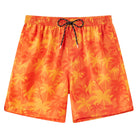 Men's orange tropical swim trunks with quick dry polyester fabric, perfect beach shorts for vacations and summer wear.