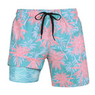 Men's pink coconut tree print 2-in-1 swim trunks with compression liner and drawstring waist for beach and vacation wear.
