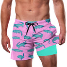 men's pink crocodile print swim trunks with mint compression liner and adjustable black drawstring waist
