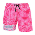 Men's pink palm tree 2-in-1 swim trunks with compression liner and adjustable drawstring waist for beach and pool wear.