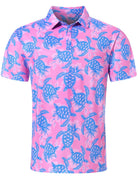 Men's pink turtle printed polo shirt with colorful tropical pattern, stylish casual shirt for vacations and daily wear.