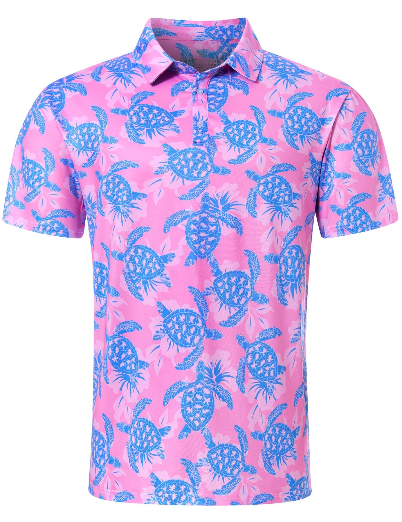 Men's pink turtle printed polo shirt with colorful tropical pattern, stylish casual shirt for vacations and daily wear.