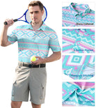 Close up details of men's printed polo shirt showing tropical pattern, button collar and stretch fabric texture.