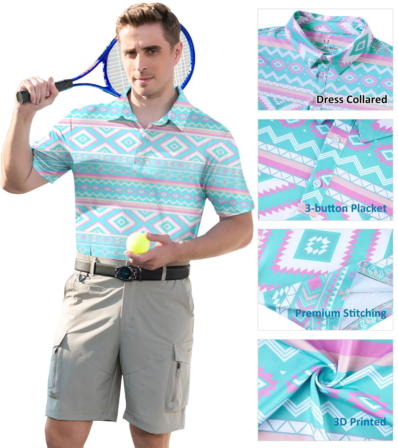 Close up details of men's printed polo shirt showing tropical pattern, button collar and stretch fabric texture.