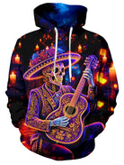 Men's psychedelic skeleton graphic hoodie with vivid multicolor artwork and pullover design for bold casual and Halloween styling.
