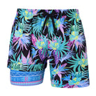 Men's purple turquoise floral 2-in-1 swim trunks with tropical print and compression liner for beach trips and vacations.