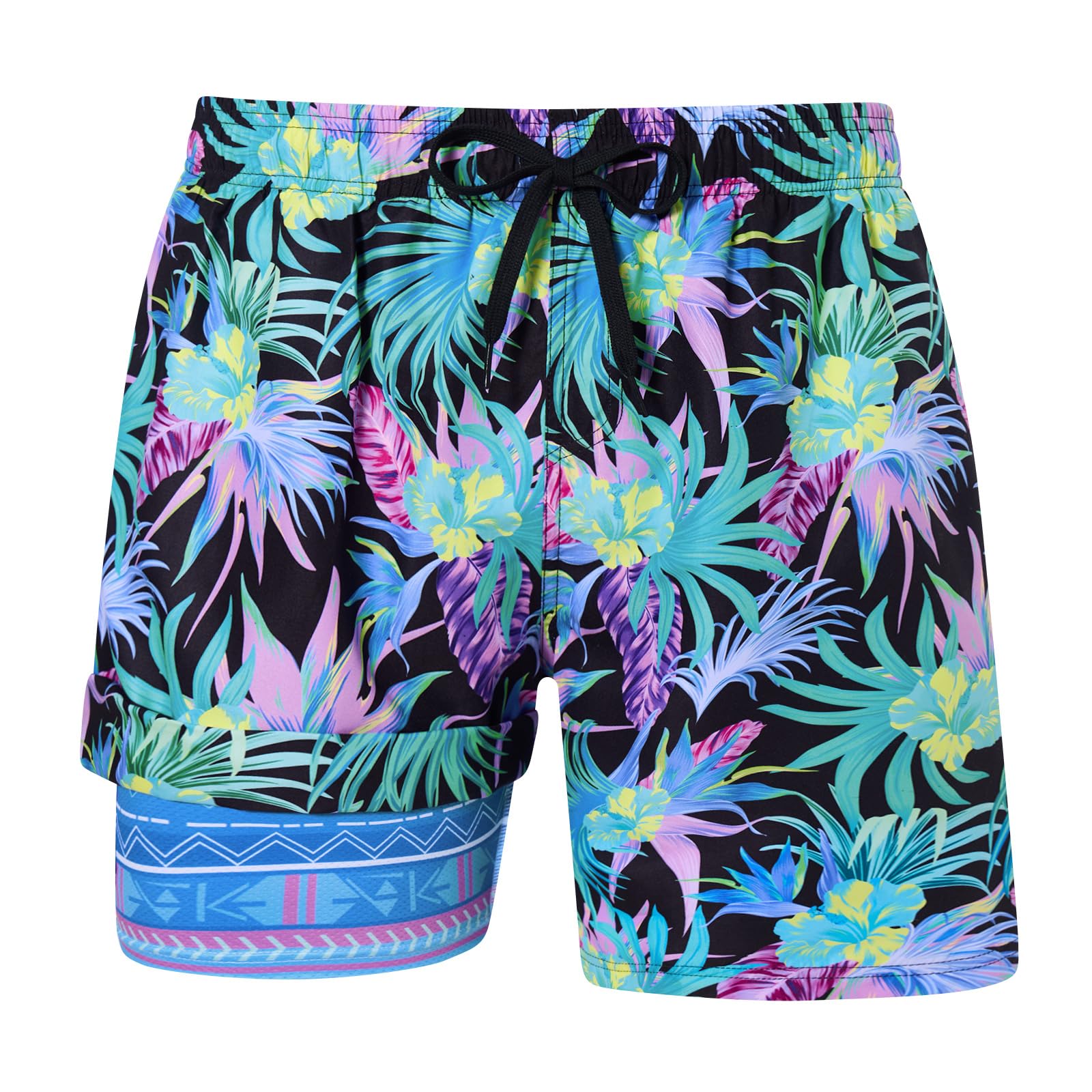 Men's purple turquoise floral 2-in-1 swim trunks with tropical print and compression liner for beach trips and vacations.