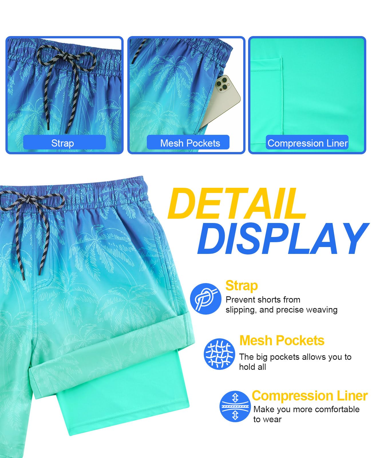 Close up view of men's quick dry swim trunks with stretch fabric and inner liner details