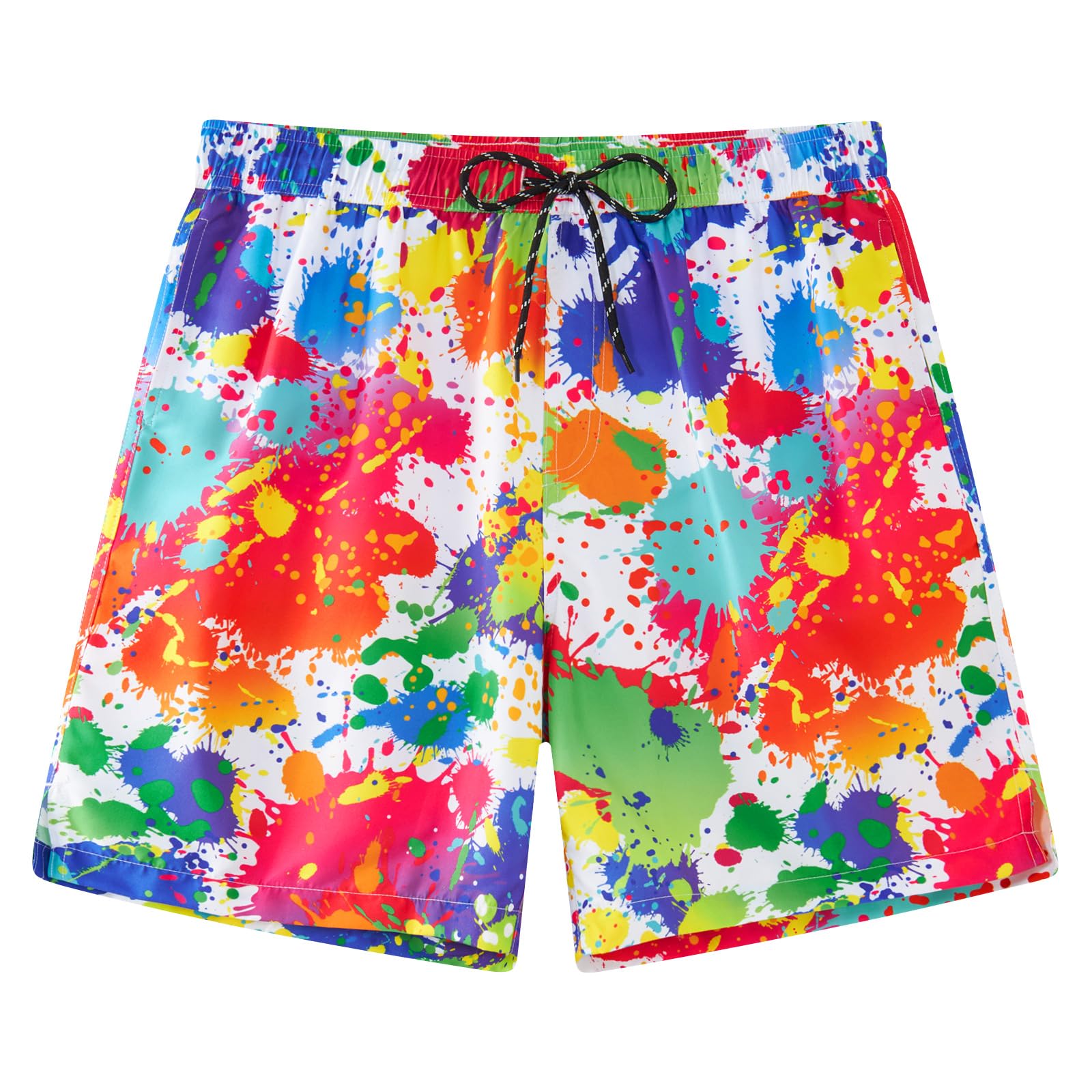 Men's rainbow printed swim trunks with comfortable fit and quick dry fabric, stylish shorts for beach and outdoor activities.