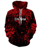Men's red and black blood splash graphic hoodie with bold horror print and pullover design for parties, Halloween and streetwear.
