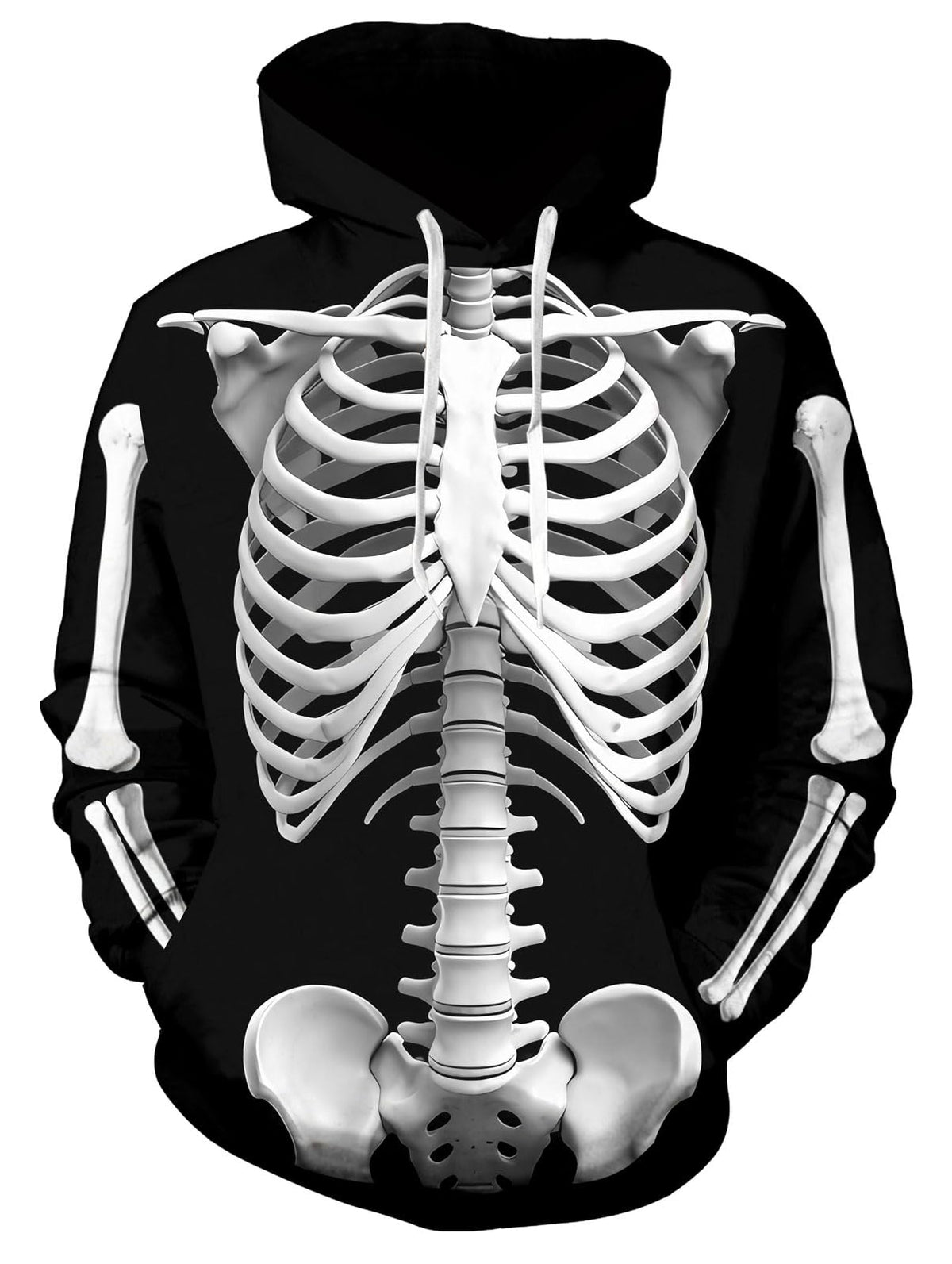 Men's black skeleton graphic pullover hoodie with white rib cage print and long sleeve design for Halloween and casual wear.