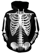 Men's black skeleton graphic pullover hoodie with white rib cage print and long sleeve design for Halloween and casual wear.