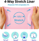 Close-up of hands stretching the four-way stretch compression liner inside men's swim trunks, showing flexible support and comfort.