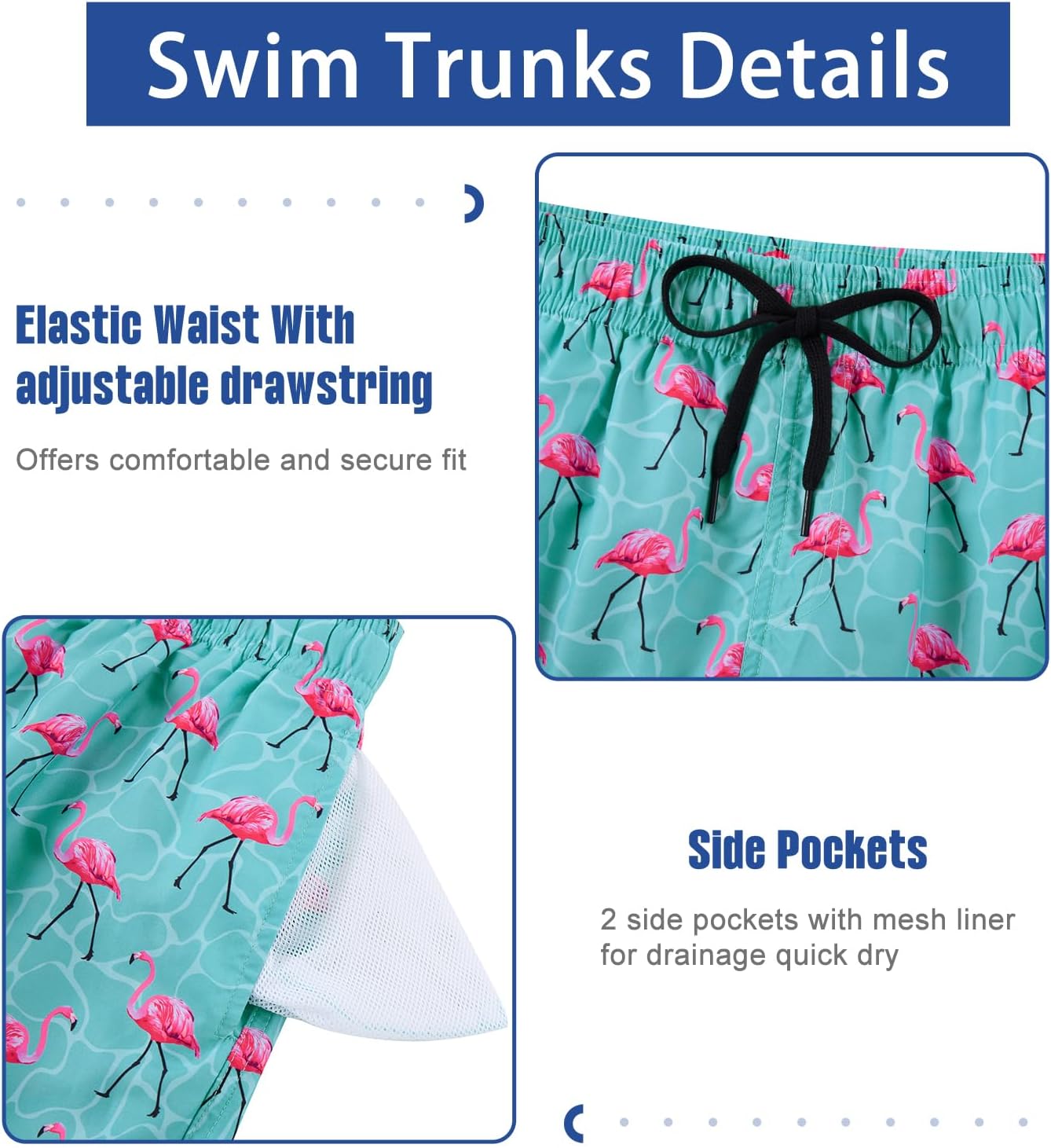 Men's 2-in-1 swim trunks detail image showing the drawstring waist, side zipper pockets and built-in compression liner design.