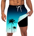 Men's teal gradient palm tree swim trunks with built-in black compression liner and adjustable waist for summer beach activities.
