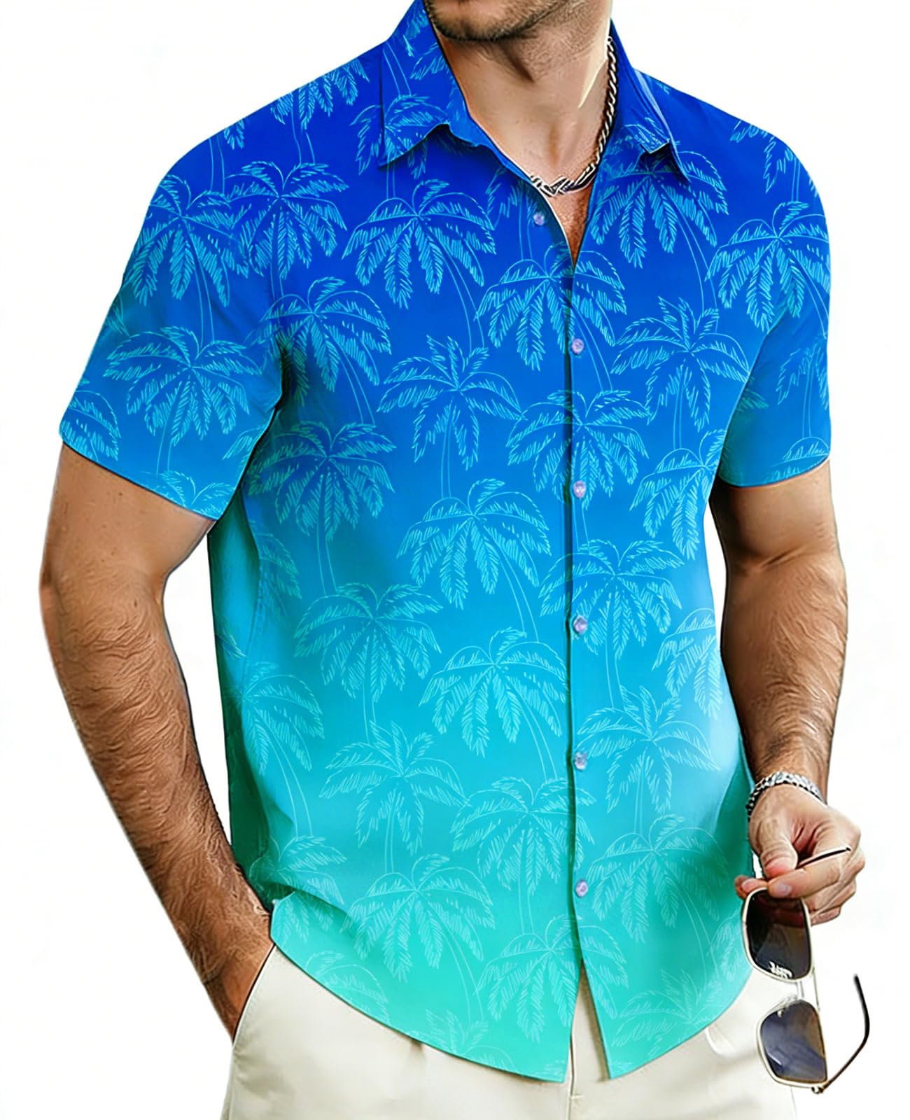 Ombre blue men's tropical resort shirt featuring palm tree print and lightweight short sleeves.