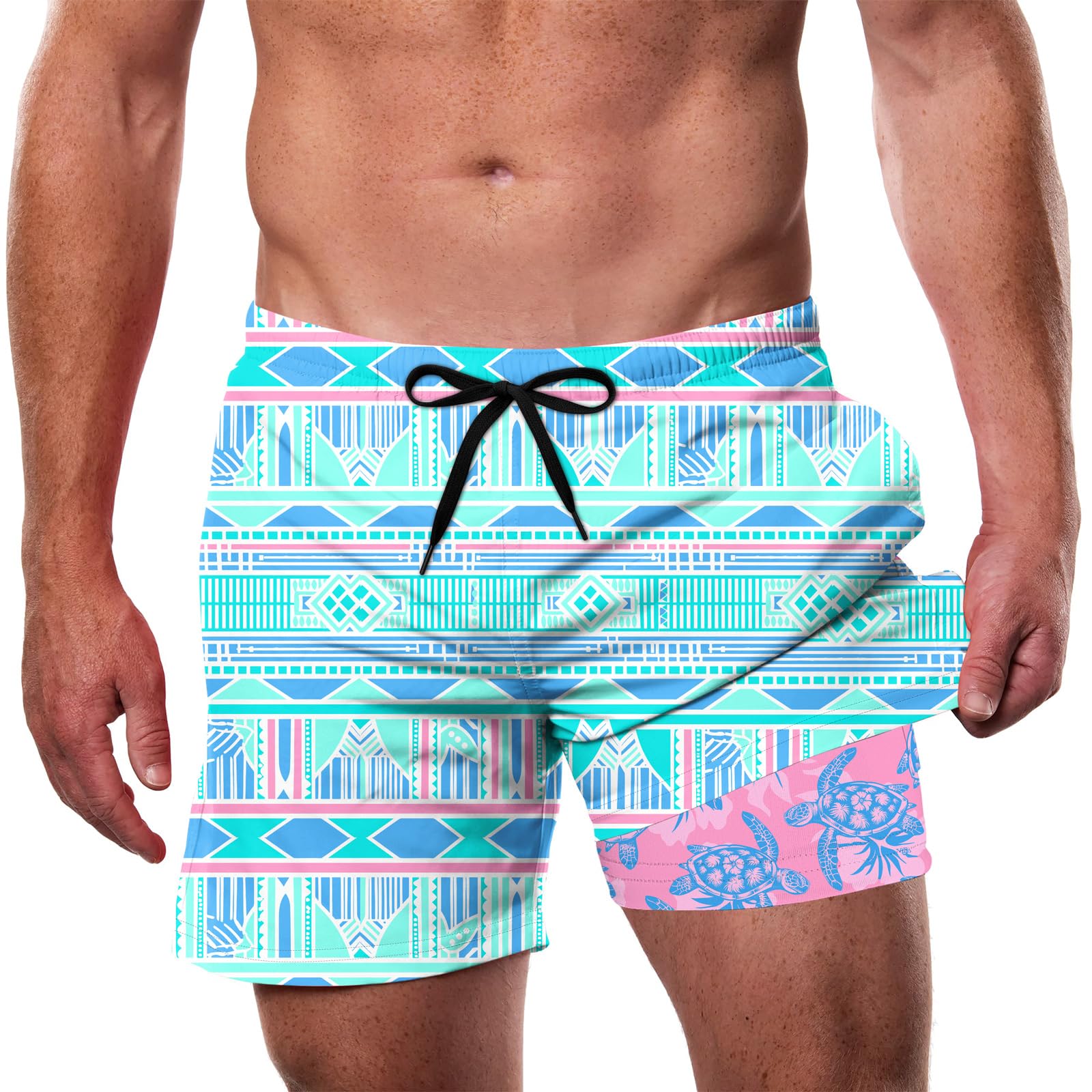 men's tropical print swim trunks with quick dry fabric and adjustable drawstring waistband