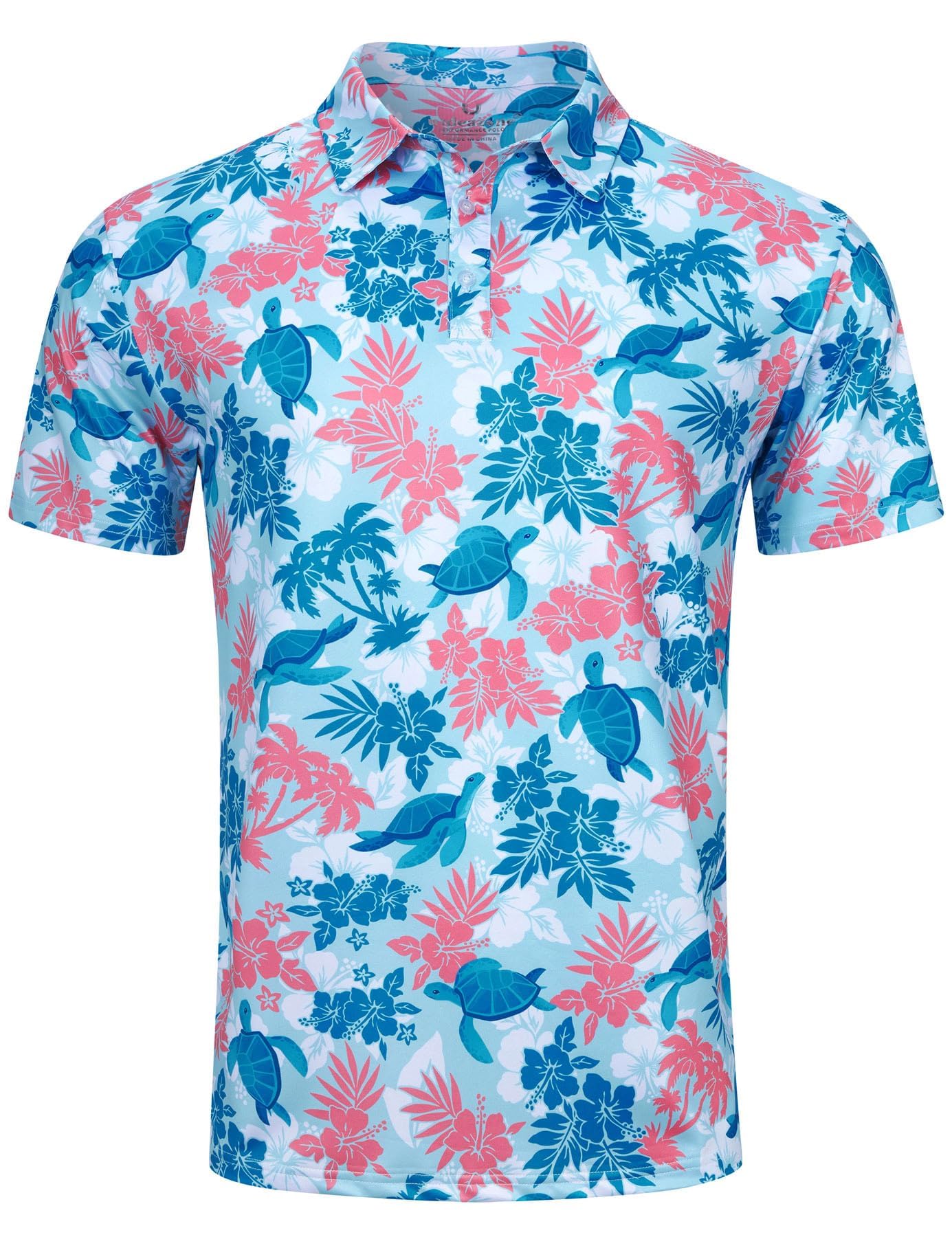 Men's turtle palm printed polo shirt featuring tropical graphics and comfortable fit for summer occasions.