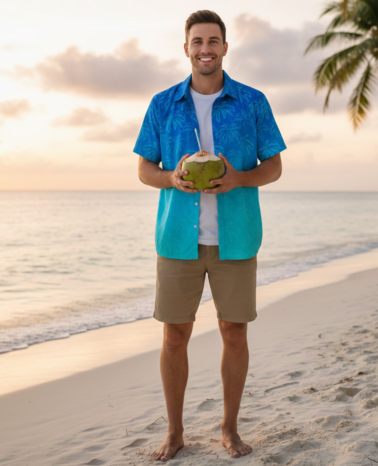 Man wearing a tropical resort shirt while relaxing at the beach during summer vacation.