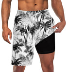 Men's white palm leaf print swim trunks with black compression liner and adjustable drawstring waist for beach and vacation wear.