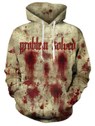 Men's Zombie Stain graphic hoodie with distressed horror print, long sleeves and hooded pullover fit for Halloween and casual outfits.