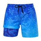 Men's black gradient 2-in-1 swim trunks with palm tree detail, built-in compression liner and drawstring waist for summer wear.
